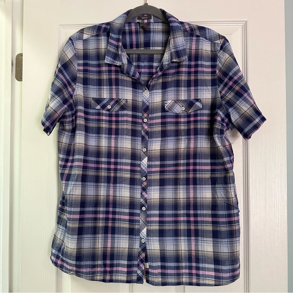 2X cotton blue plaid short-sleeve button down shirt